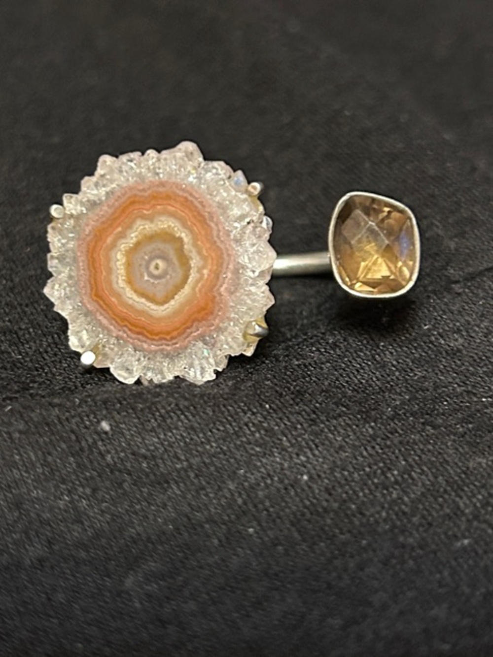 Natural Solar Druzy Agate Slice and Citrine Accent Sterling Ring